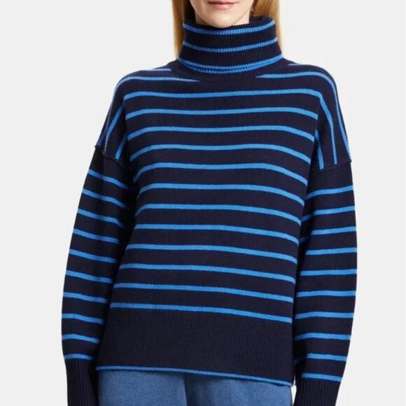 Brand new Theory luscious Striped navy sky blue Turtleneck in Wool-Cashmere - Picture 2 of 3